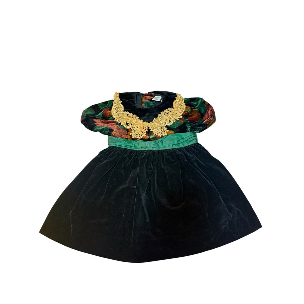 Vtg‎ Peaches n Cream Girl's 2T Multicolored Velvet Holiday Dress Metallic Collar